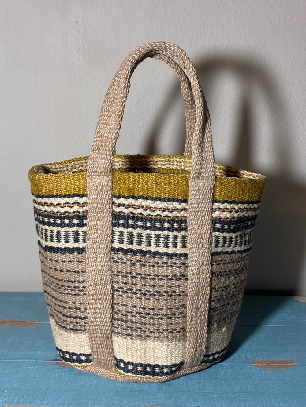 Handwoven Striped Tote Bag in Beige, Cream & Mustard